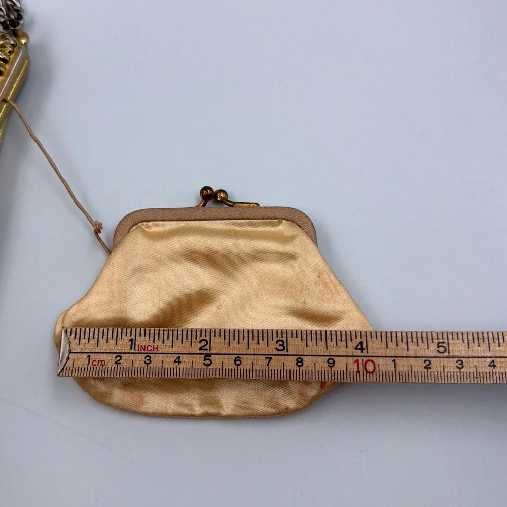 Vintage Gold Satin Evening Bag Ornate Frame Chain Strap‎ Clutch w/ Coin Bag